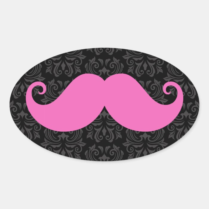 Pink handlebar mustache on black damask pattern stickers