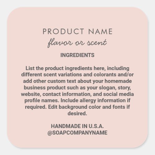 Pink Handmade Product Ingredient List Cute Label