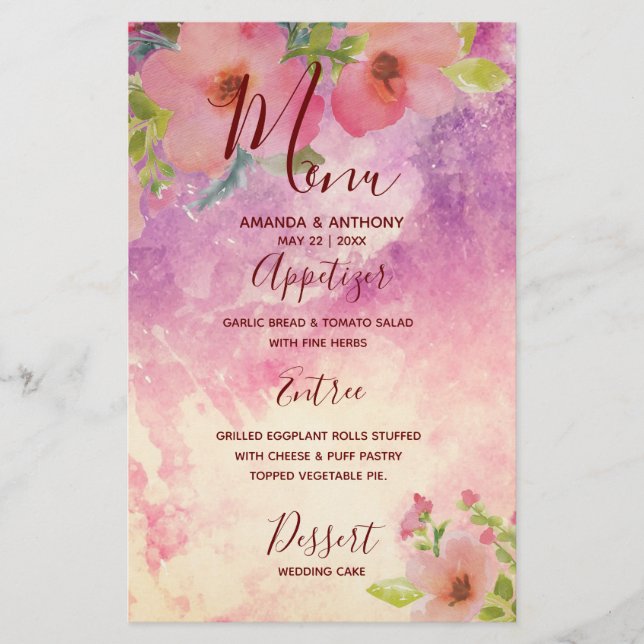 Pink handmade watercolor floral wedding menu flyer (Front)