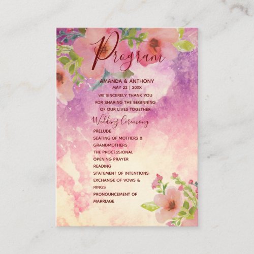 Pink handmade watercolor floral wedding program