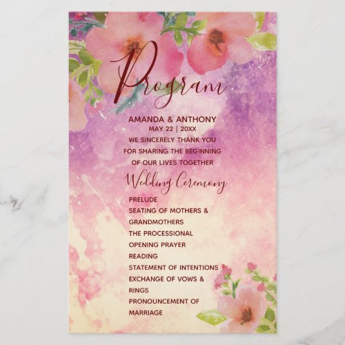 Pink handmade watercolor floral wedding program fl flyer