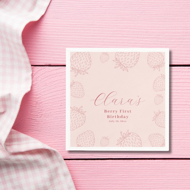 Pink Handraw Minimalist Strawberry Birthday  Napkins (Creator Uploaded)