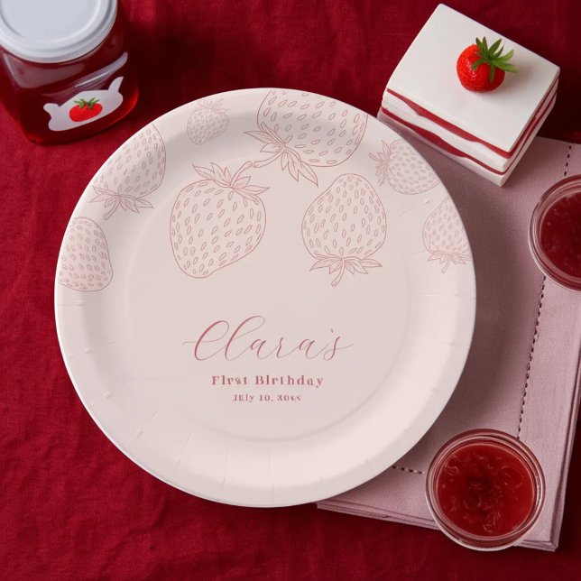Pink Handraw Minimalist Strawberry Birthday Paper Plates (Creator Uploaded)