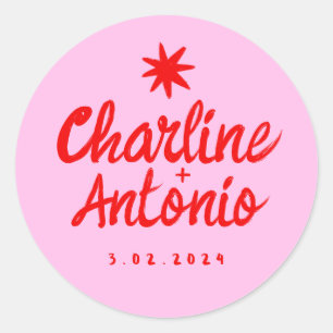 Pink Handwriting RetroWedding Rectangular Sticker