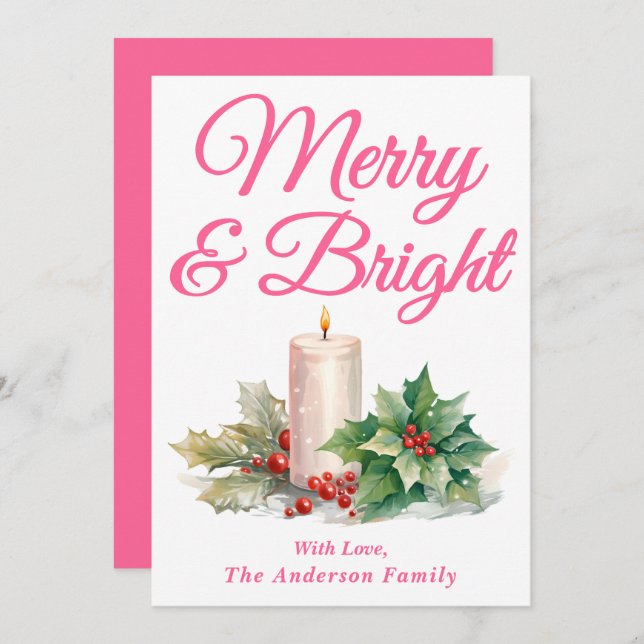 Pink Handwritten Script Merry & Bright Holiday Card (Front/Back)