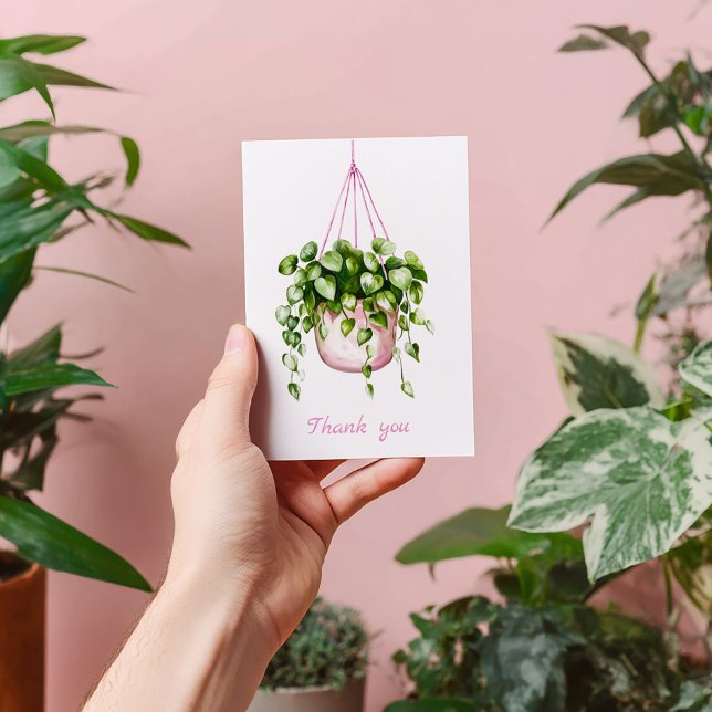 Pink Hanging Basket Greenery Watercolor Thank You (Hanging house plant, pink and green thank you card)
