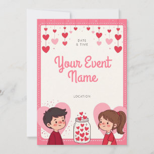 Pink Hanging Heart Jar Valentine Cartoon Invitation