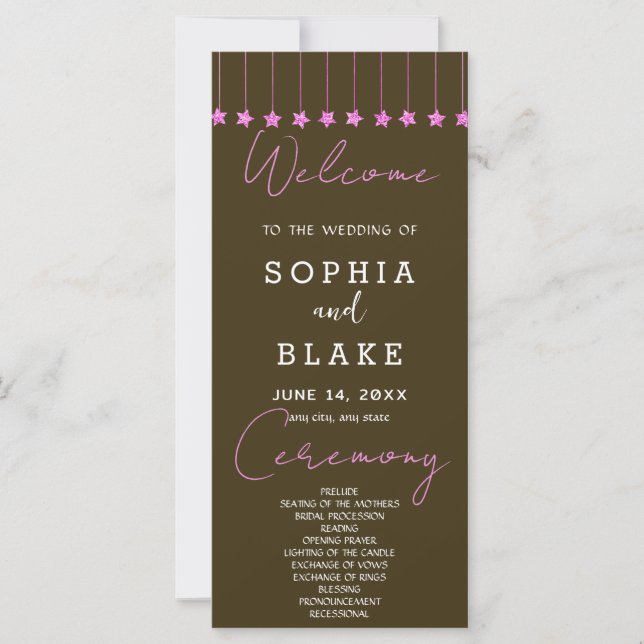 Pink Hanging Stars Dark Brown Wedding Program (Front)