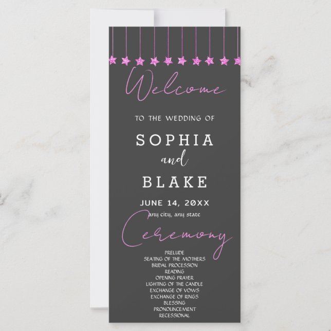 Pink Hanging Stars Smoke Gray Wedding Program (Front)
