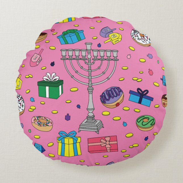 Pink Hanukkah Pattern Round Pillow (Front)