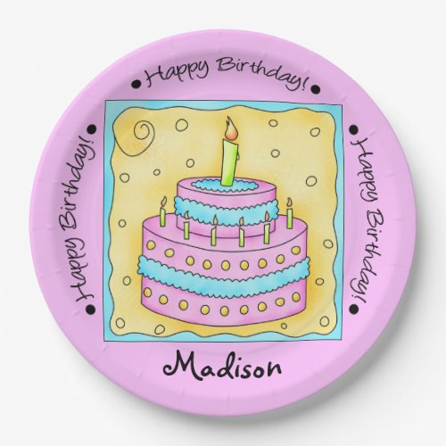 Pink Happy 1st Birthday Cake Name Personalized Paper Plates