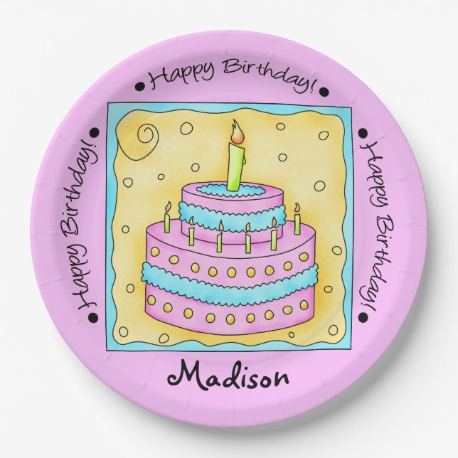 Pink Happy 1st Birthday Cake Name Personalized Paper Plates (Front)