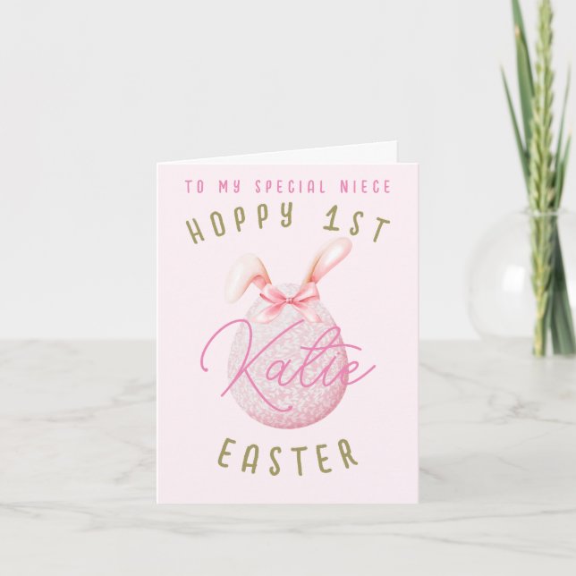 Pink Happy 1st Easter Egg Niece Name Greeting Card (Front)