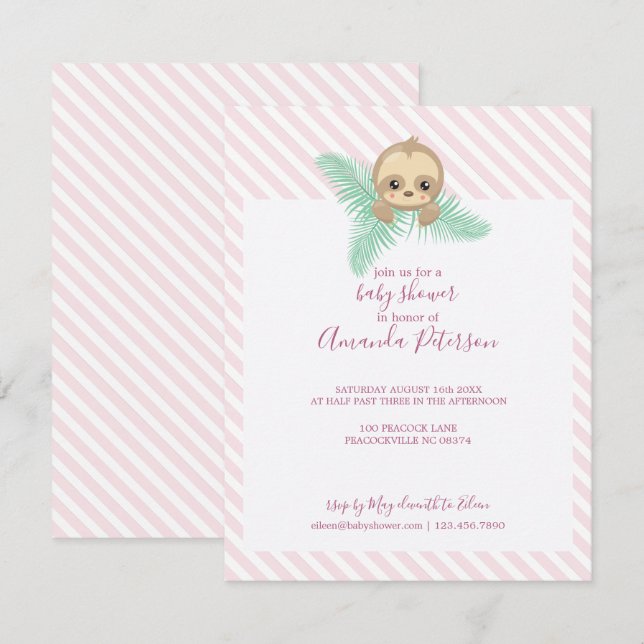Pink Happy Baby Sloth Baby Shower Invitation (Front/Back)