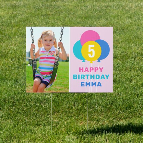 Pink Happy Birthday Balloons for Girl Photo Sign