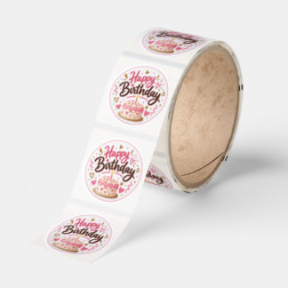 Pink Happy Birthday Cake Party Favor Round Sticker