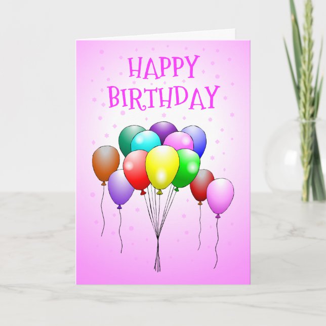 Pink Happy Birthday Card with Colorful Balloons (Front)