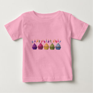 Pink Happy Birthday Cupcake Baby T-Shirt