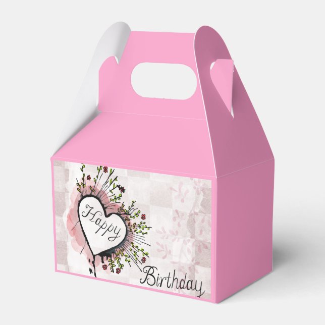 Pink Happy Birthday Favor Box Floral Heart Design (Front Side)