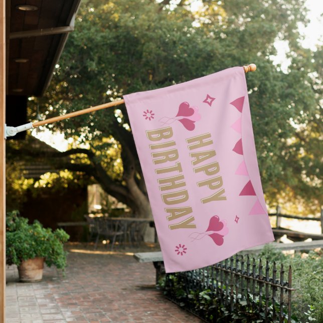 Pink Happy Birthday House Flag (In SItu)