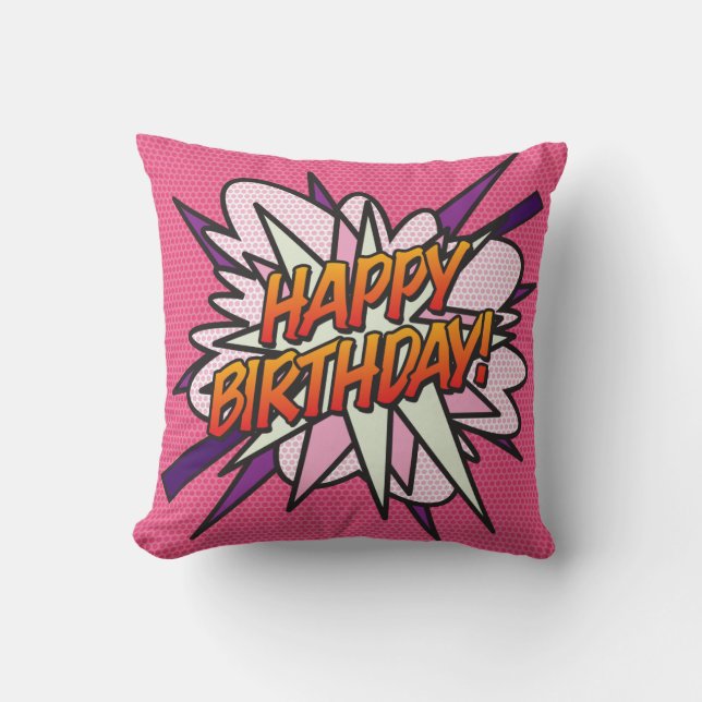 Pink Happy Birthday Modern Fun Photo Comic Book Throw Pillow (Front)