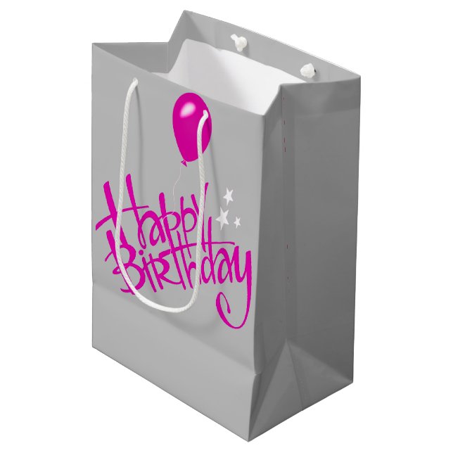 Pink Happy Birthday on Gray   Medium Gift Bag (Front Angled)