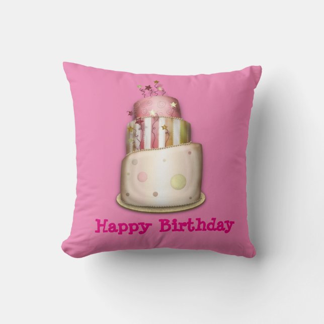 Pink "Happy Birthday" Pillow with Cake (Front)