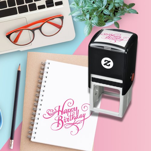 Pink Happy Birthday Self Inking Rubber Stamp