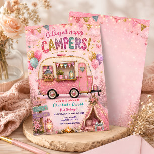 Pink Happy Camper Birthday Invitation