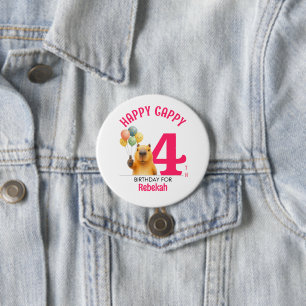 Pink HAPPY CAPPY Custom Capybara 4th Birthday Button