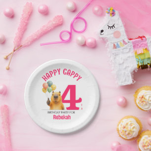 Pink HAPPY CAPPY Custom Capybara 4th Birthday Paper Plates