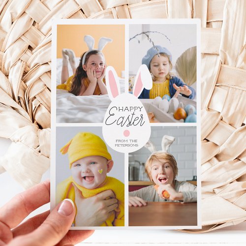 Pink happy Easter bunny ears eggs 4 photos collage Holiday Card