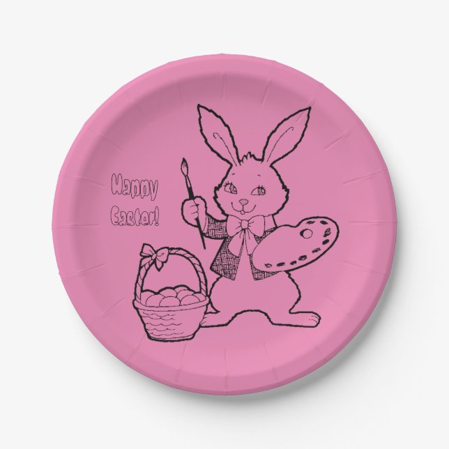 Pink Happy Easter Bunny Painting Eggs Paper Plates (Front)