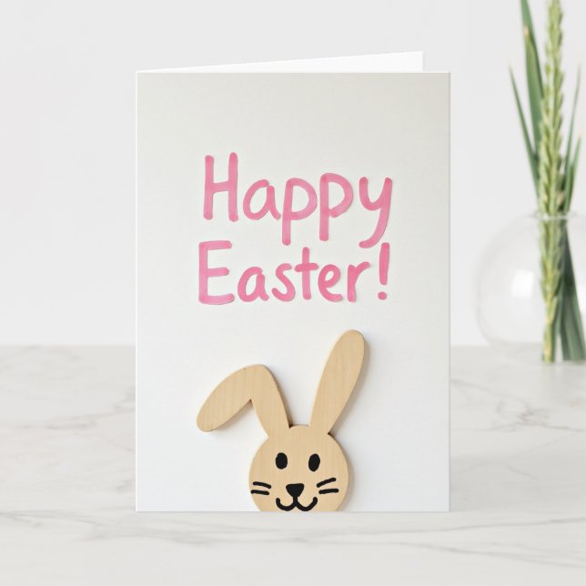 Pink Happy Easter Bunny Wood Card (Front)