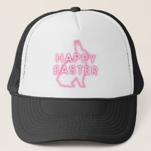 Pink happy Easter sign with bunny neon light trans Trucker Hat