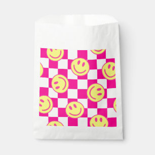 pink happy face check groovy favor bag