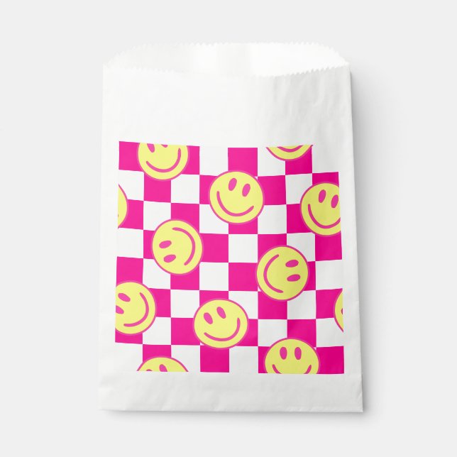 pink happy face check groovy favor bag (Front)