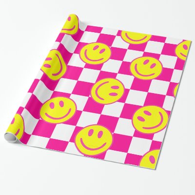 pink happy face check groovy wrapping paper