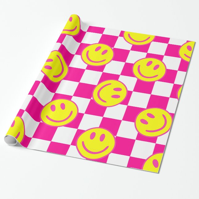 pink happy face check groovy wrapping paper (Unrolled)