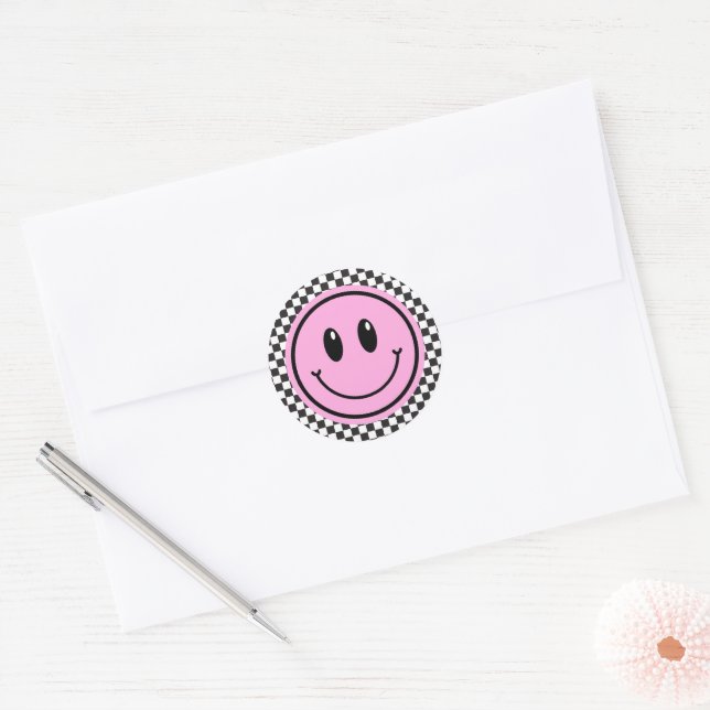 Pink Happy Face Checker Kids Birthday Classic Round Sticker (Envelope)