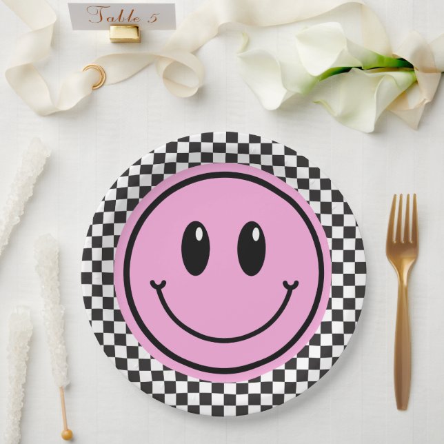 Pink Happy Face Checker Kids Birthday Paper Plates (Wedding)