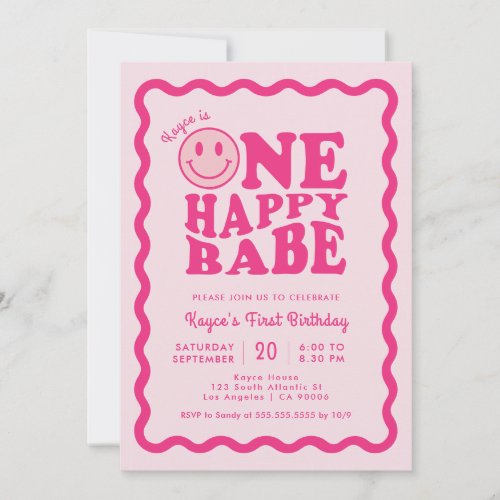Pink Happy Face One Happy Babe Girl 1st Birthday Invitation