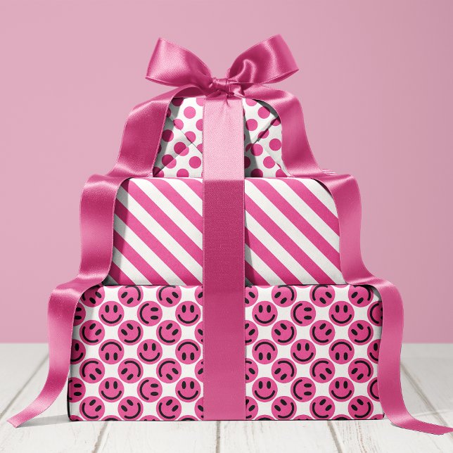 Pink Happy Face Stripes and Polka Dot Wrapping Paper Sheets (Creator Uploaded)
