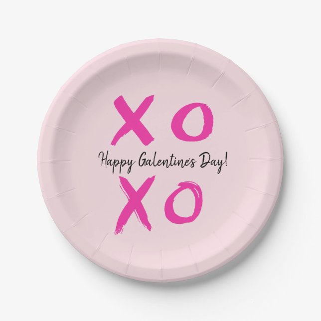 Pink Happy Galentine's Day XOXO Paper Plates (Front)