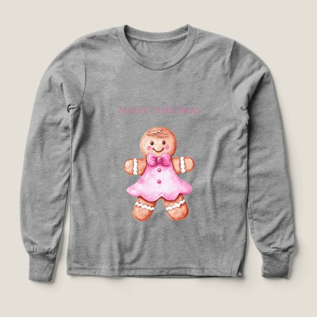 Pink Happy Gingerbread Cookie Girl Christmas   Tri-Blend Shirts (Design Front)