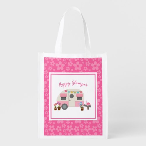 Pink Happy Glamper Camper Reusable Grocery Bag