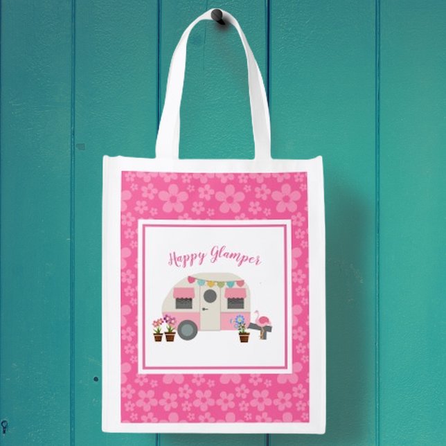 Pink Happy Glamper Camper Reusable Grocery Bag (Creator Uploaded)