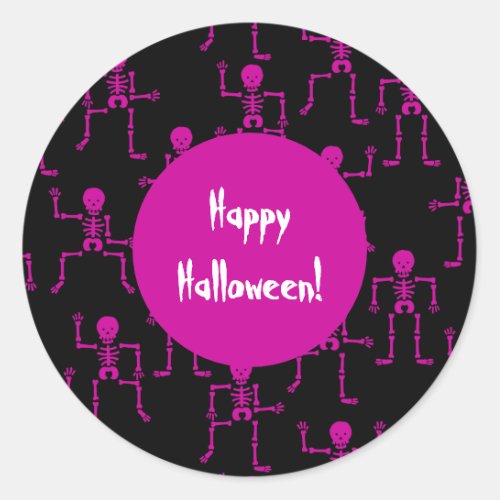 Pink Happy Halloween Dancing Skeletons Pattern Classic Round Sticker