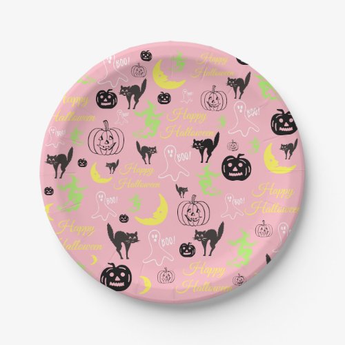 Pink Happy Halloween Pattern Paper Plates