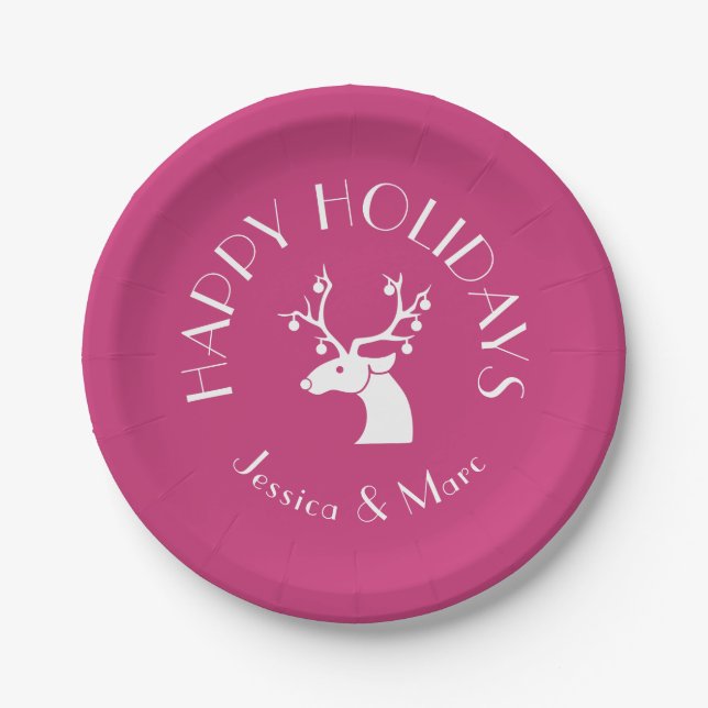 Pink HAPPY HOLIDAYS Christmas Reindeer Name Paper Plates (Front)